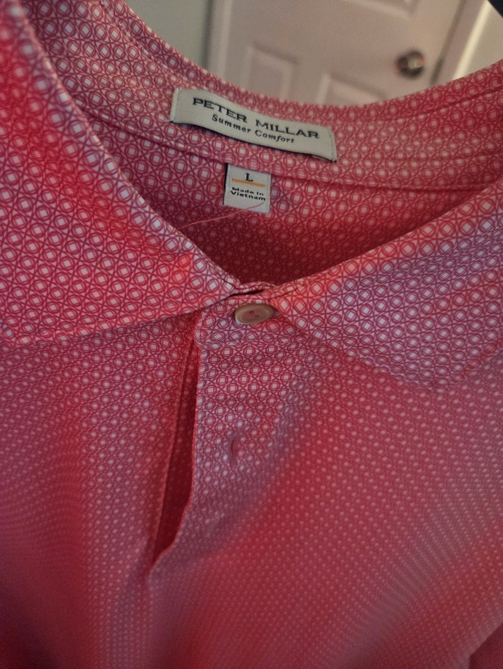 Peter Millar Coral-Pink Geometric Short-Sleeve Polo Mens Large Like New